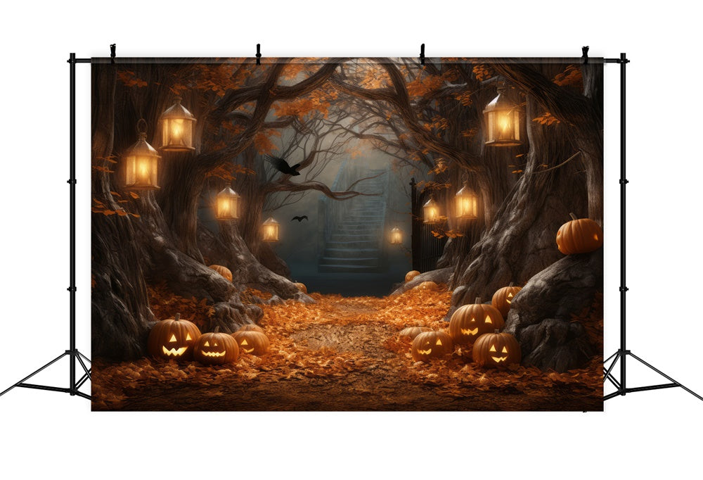 Pumpkin Lanterns Big Tree Halloween Backdrop UK RR7-386