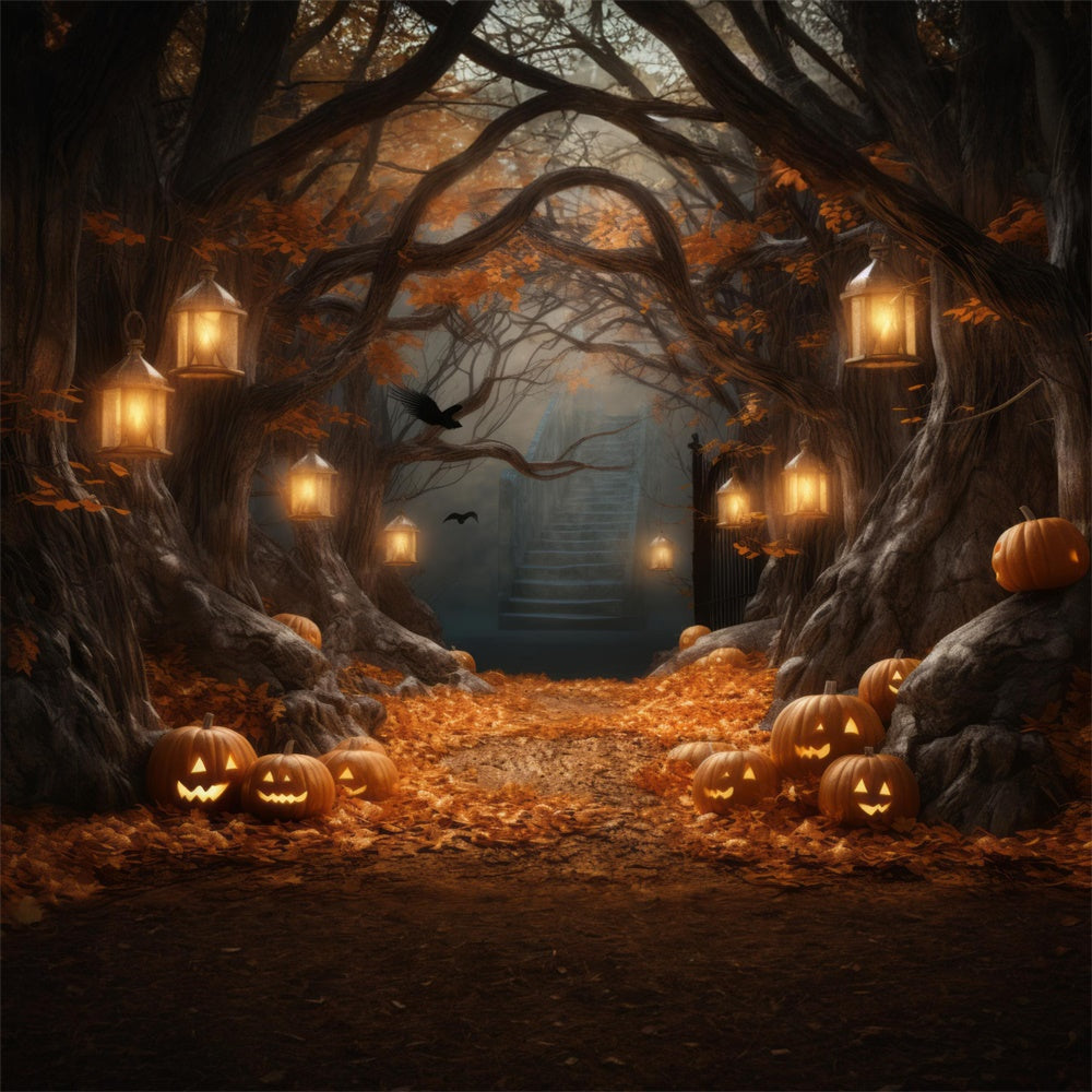 Pumpkin Lanterns Big Tree Halloween Backdrop UK RR7-386