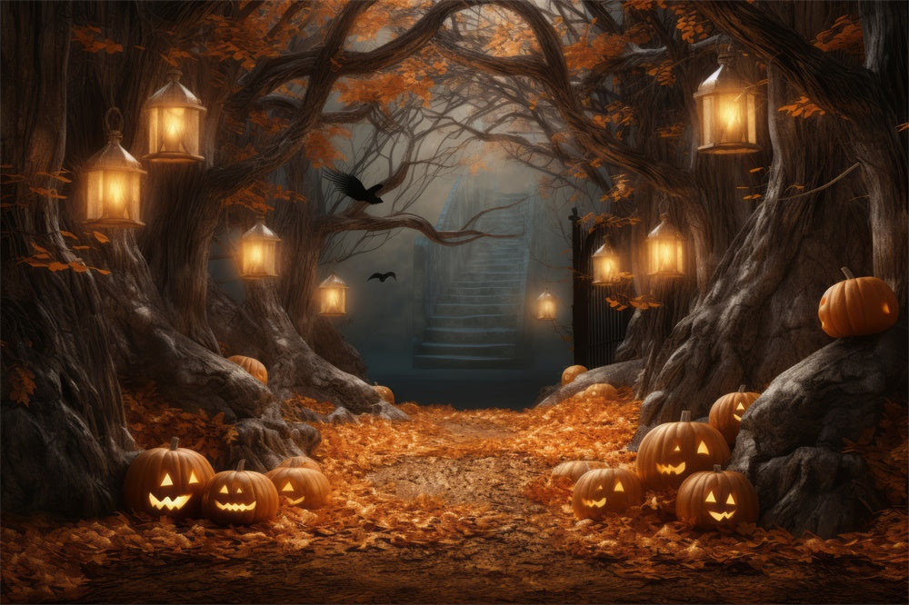 Pumpkin Lanterns Big Tree Halloween Backdrop UK RR7-386