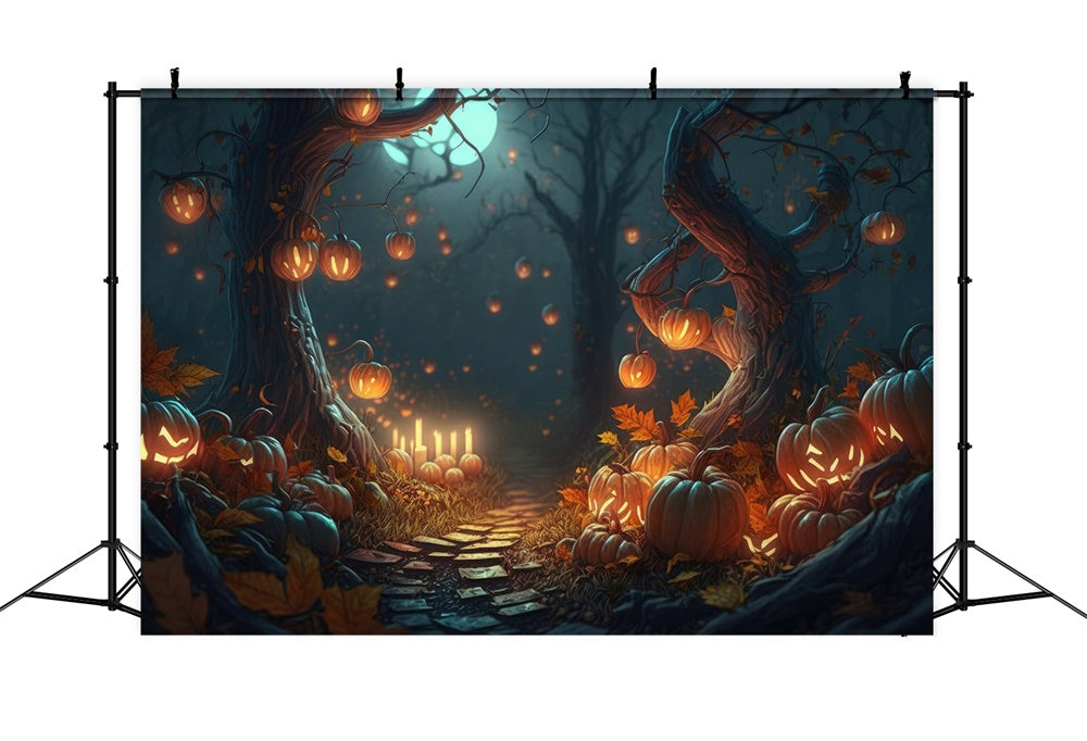 Halloween Forest Night Pumpkins Candles Backdrop UK RR7-387