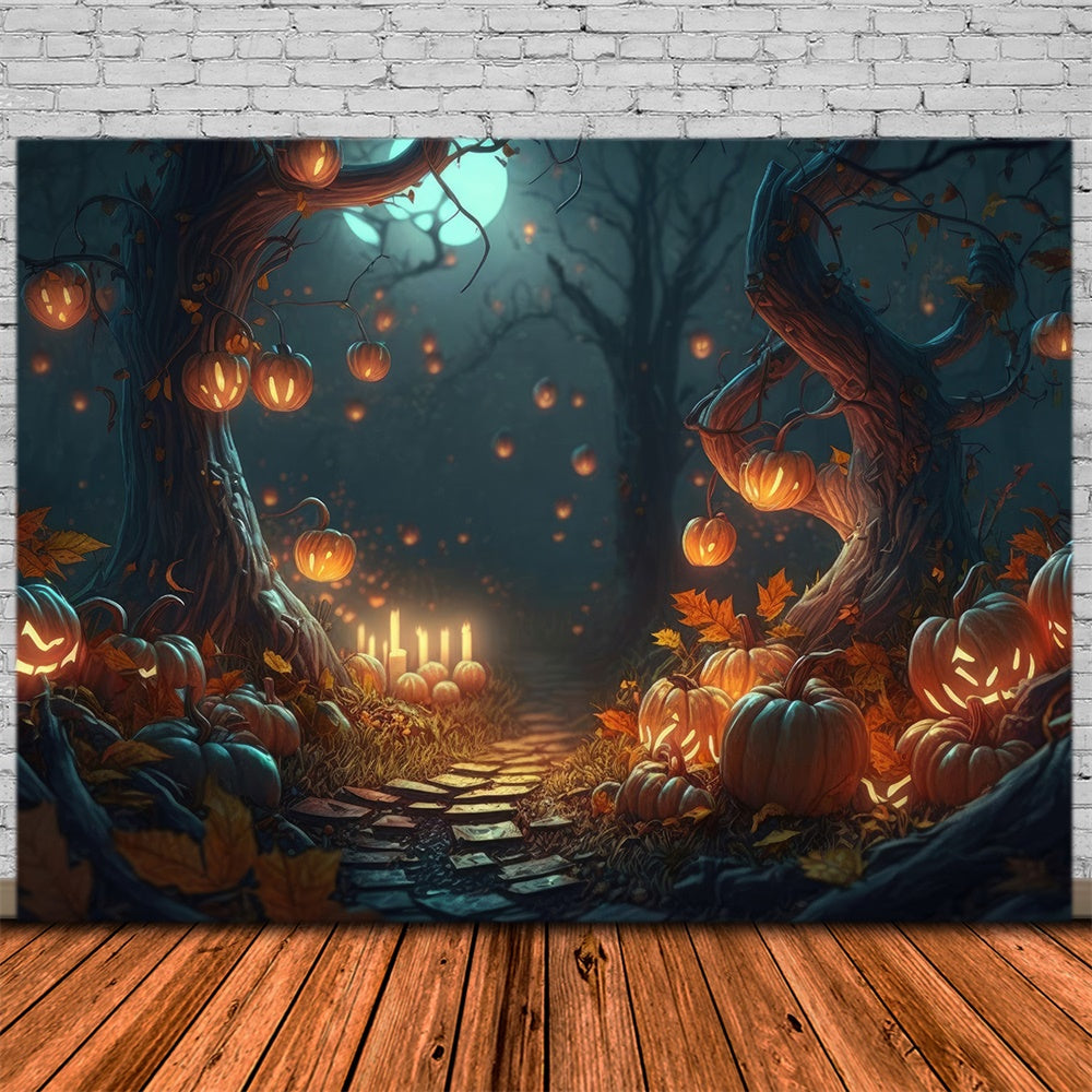 Halloween Forest Night Pumpkins Candles Backdrop UK RR7-387