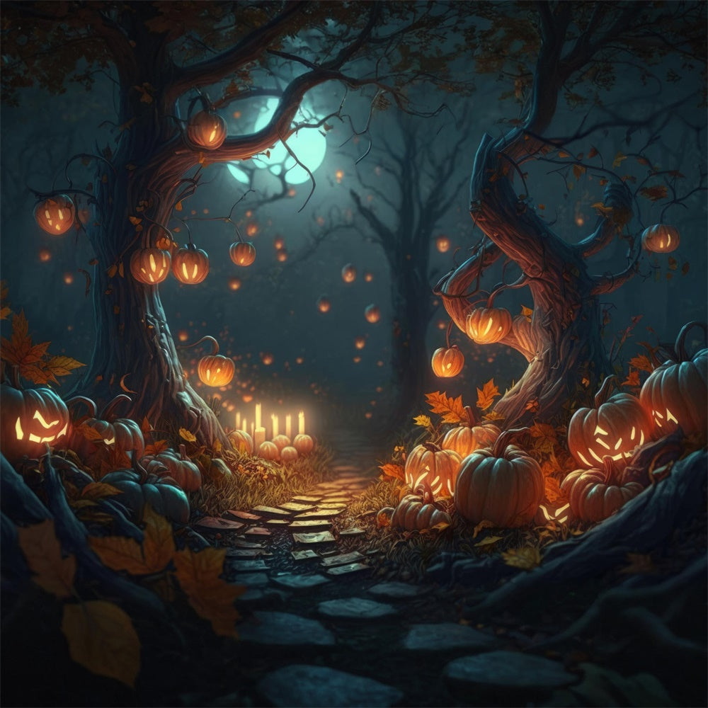 Halloween Forest Night Pumpkins Candles Backdrop UK RR7-387