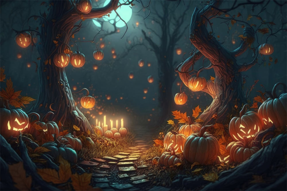 Halloween Forest Night Pumpkins Candles Backdrop UK RR7-387