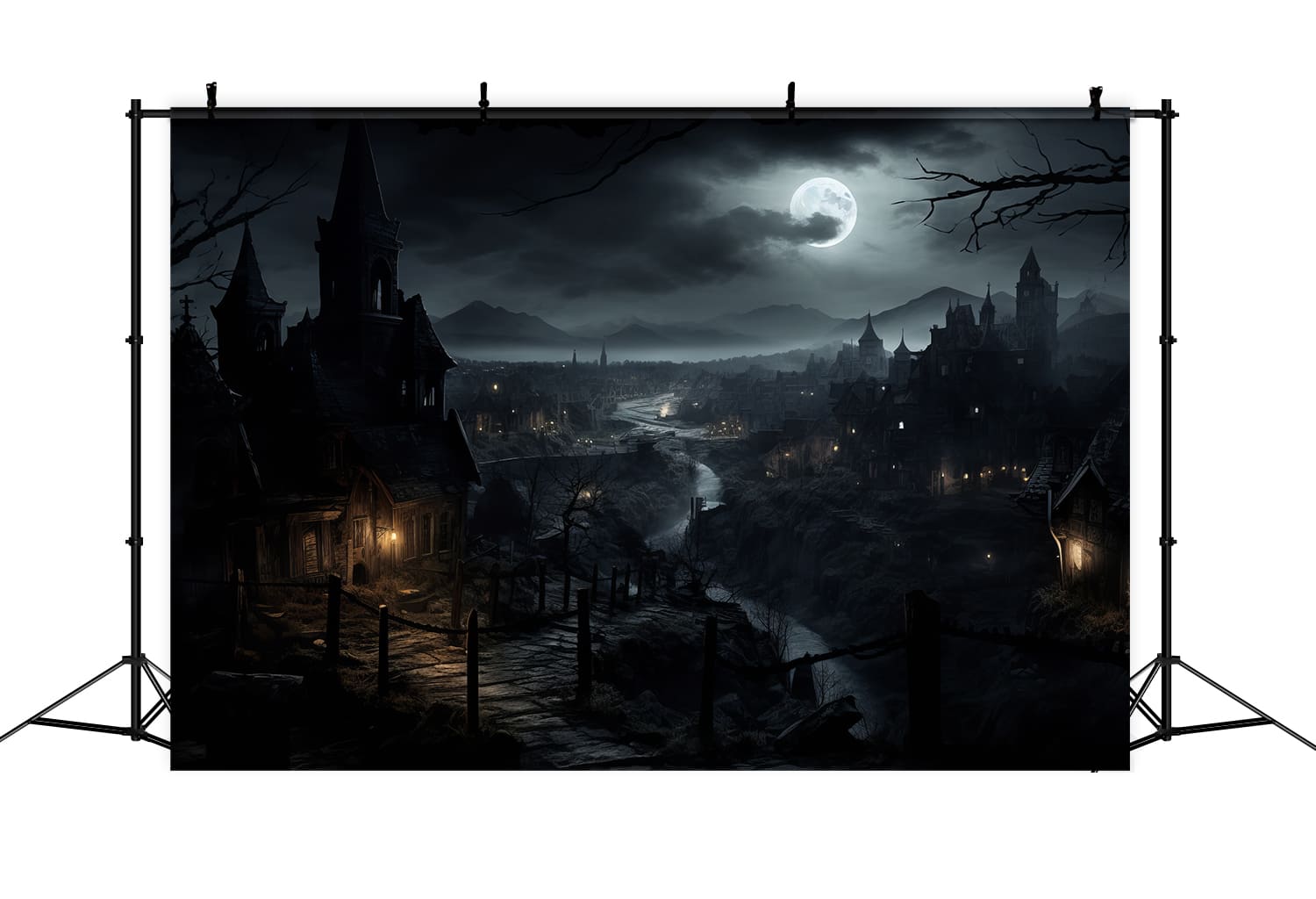 Halloween Night Houses Photography Backdrop UK RR7-39