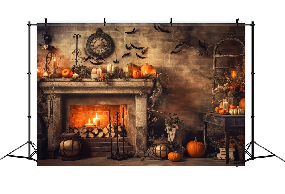 Halloween Old Fireplace Pumpkins Bats Backdrop UK RR7-393