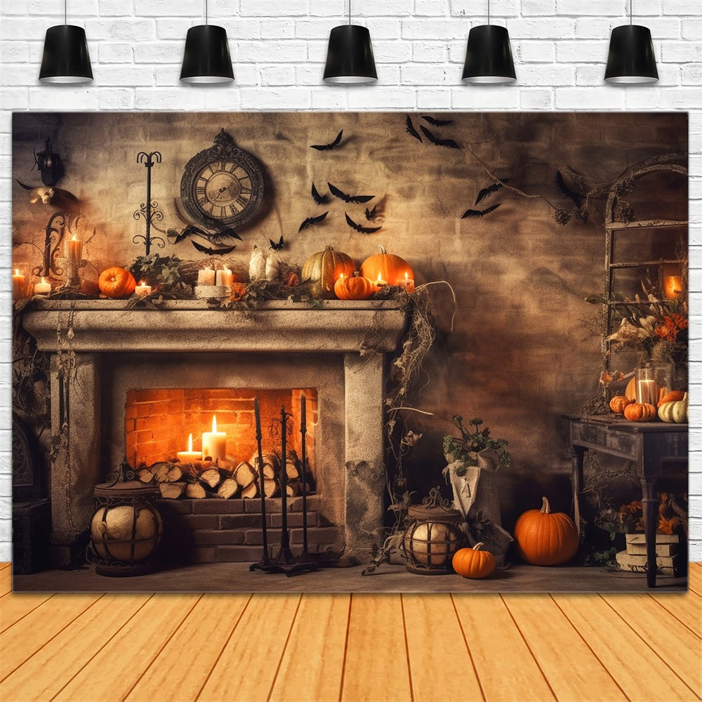 Halloween Old Fireplace Pumpkins Bats Backdrop UK RR7-393