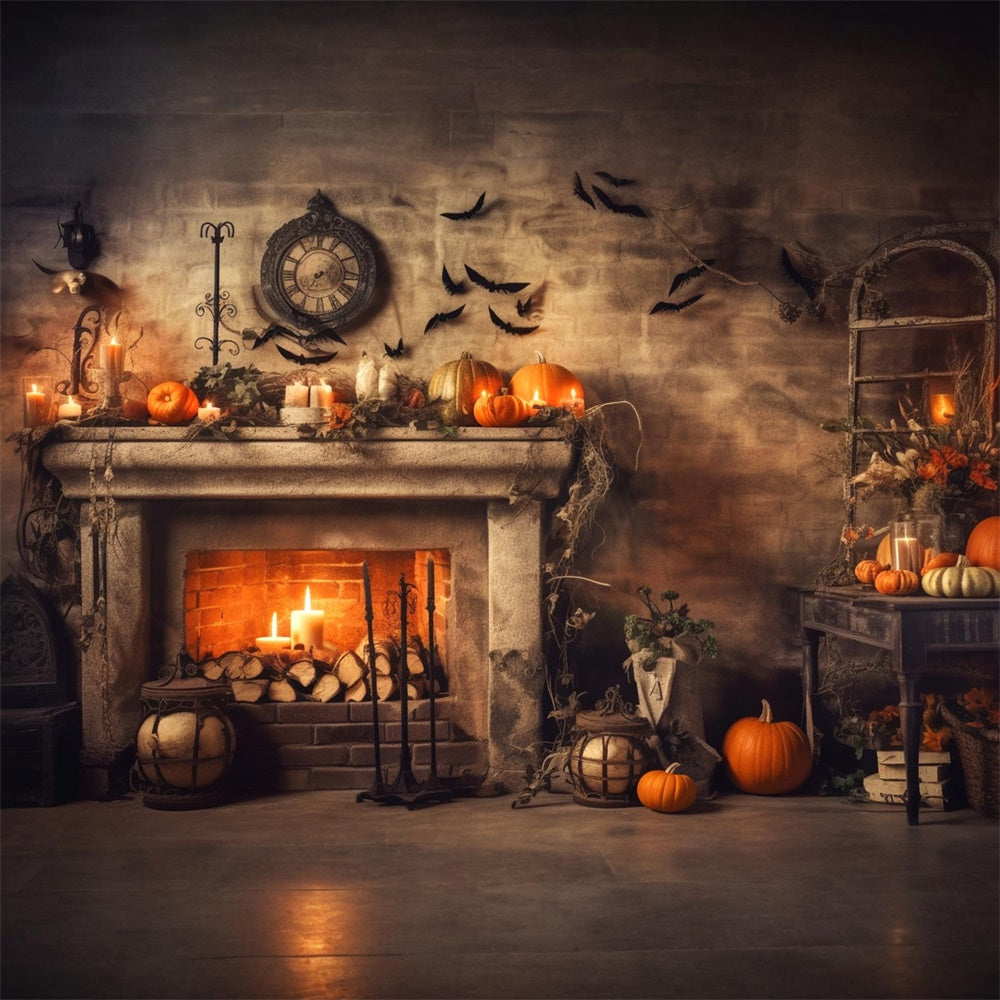 Halloween Old Fireplace Pumpkins Bats Backdrop UK RR7-393