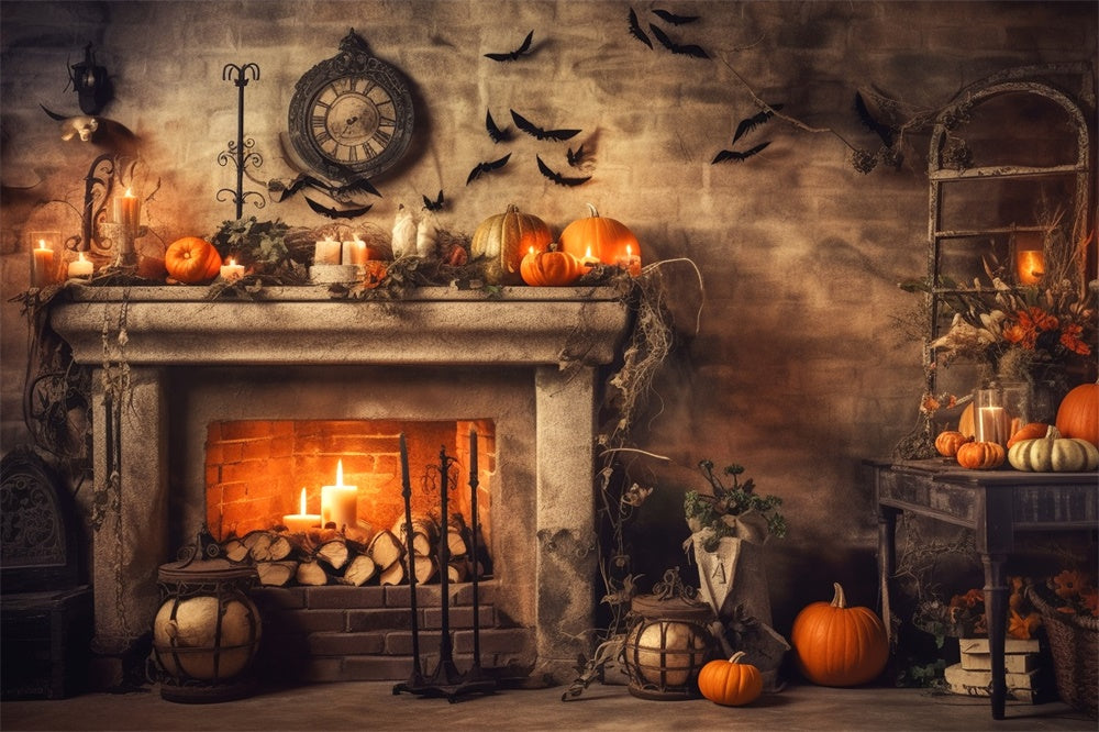 Halloween Old Fireplace Pumpkins Bats Backdrop UK RR7-393