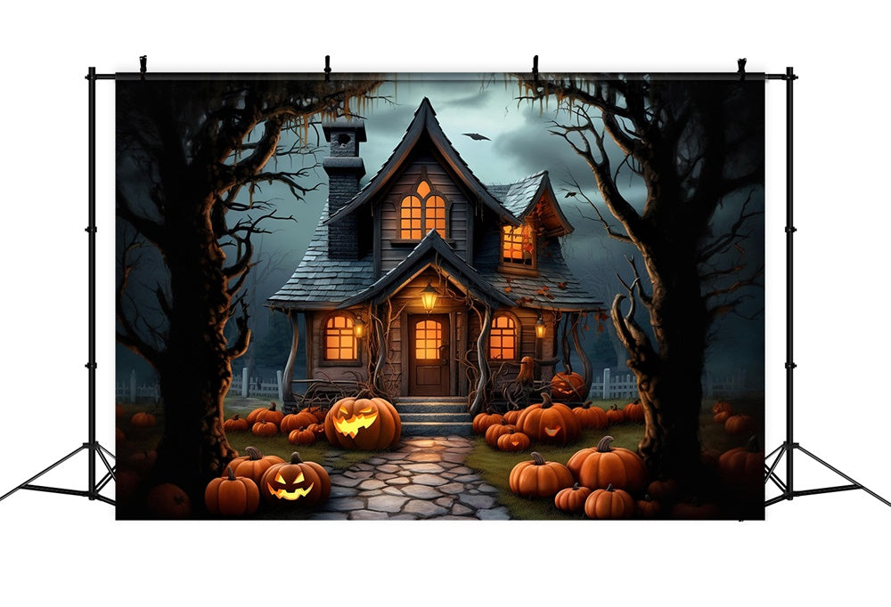 Spooky Halloween Forest House Pumpkins Backdrop UK RR7-395