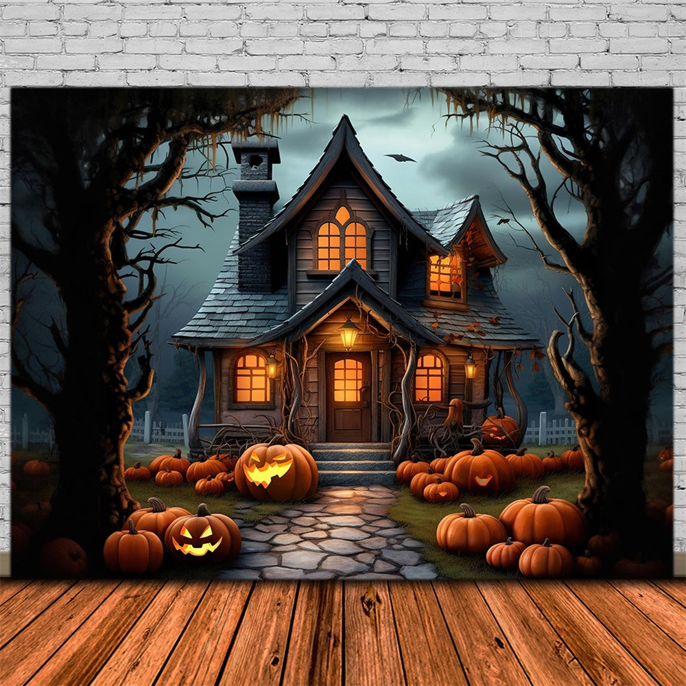 Spooky Halloween Forest House Pumpkins Backdrop UK RR7-395