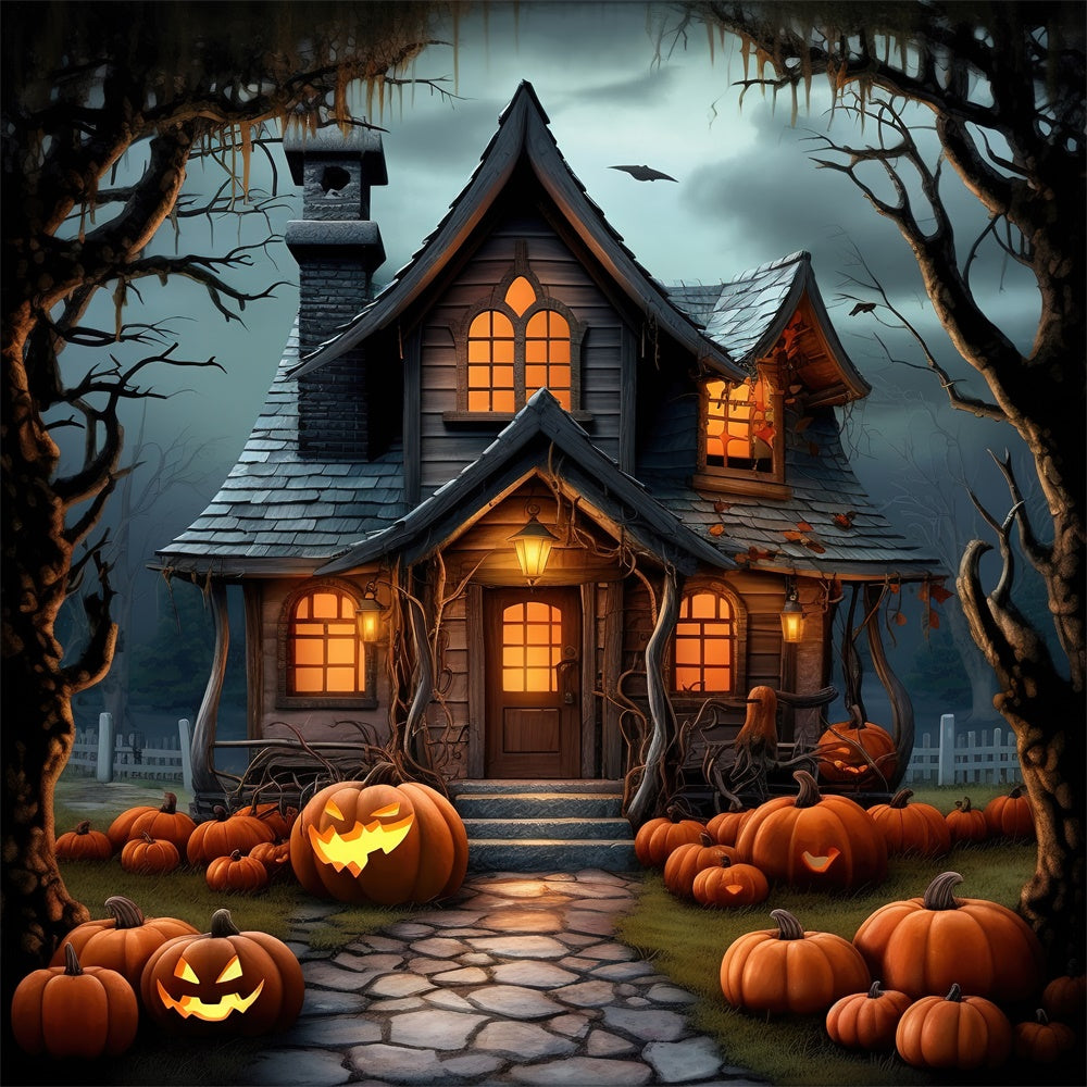 Spooky Halloween Forest House Pumpkins Backdrop UK RR7-395