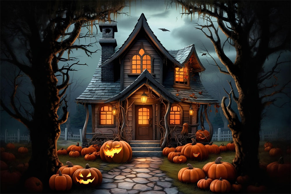 Spooky Halloween Forest House Pumpkins Backdrop UK RR7-395