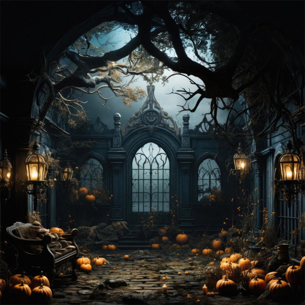 Halloween Haunted Mansion Pumpkins Backdrop UK RR7-397