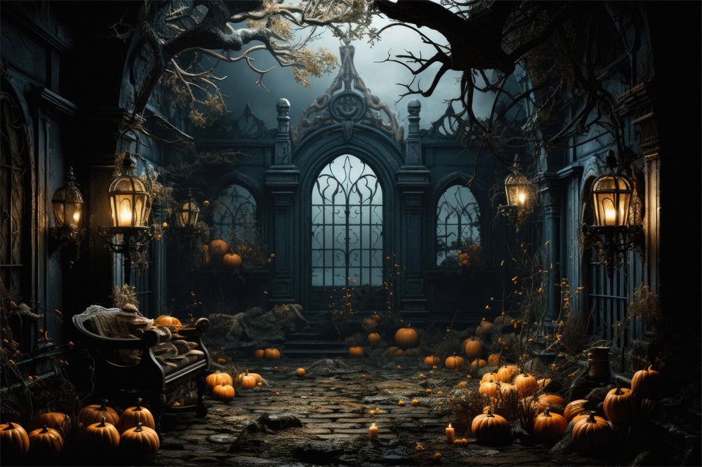 Halloween Haunted Mansion Pumpkins Backdrop UK RR7-397