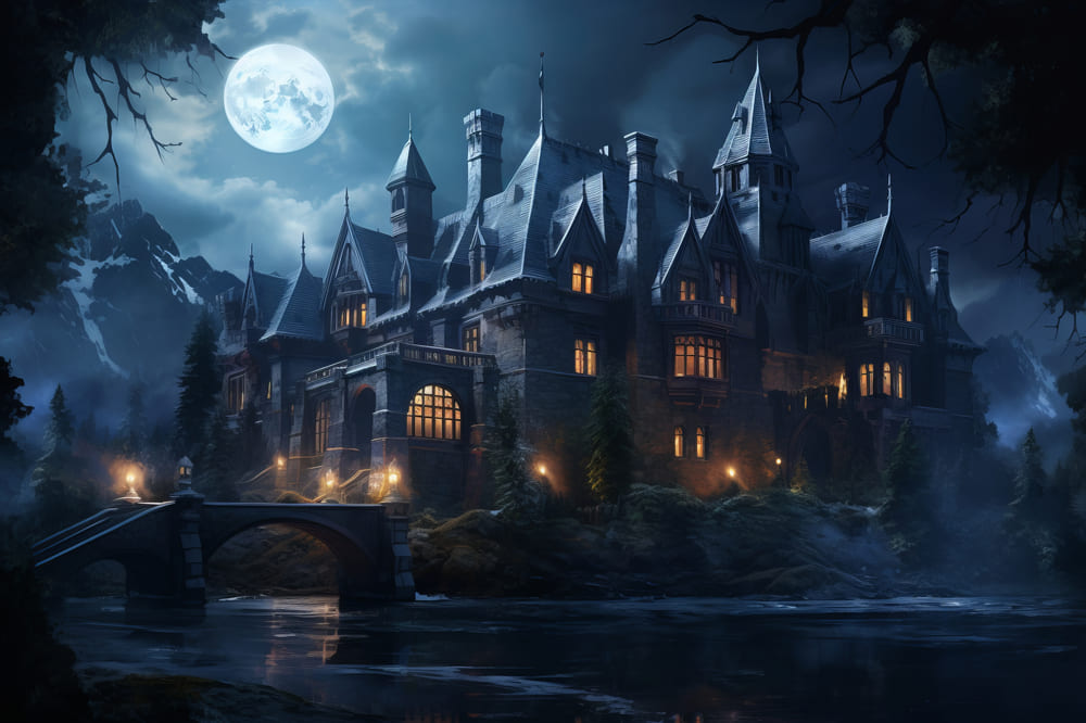 Halloween Haunted Castle Moonlight Backdrop UK RR7-40