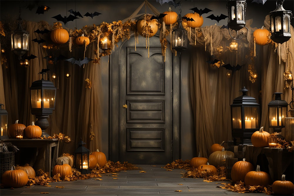 Pumpkins Bats Decorated Door Halloween Backdrop UK RR7-400