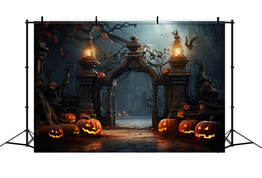 Halloween Scary Cemetery Gate Pumpkins Backdrop UK RR7-402