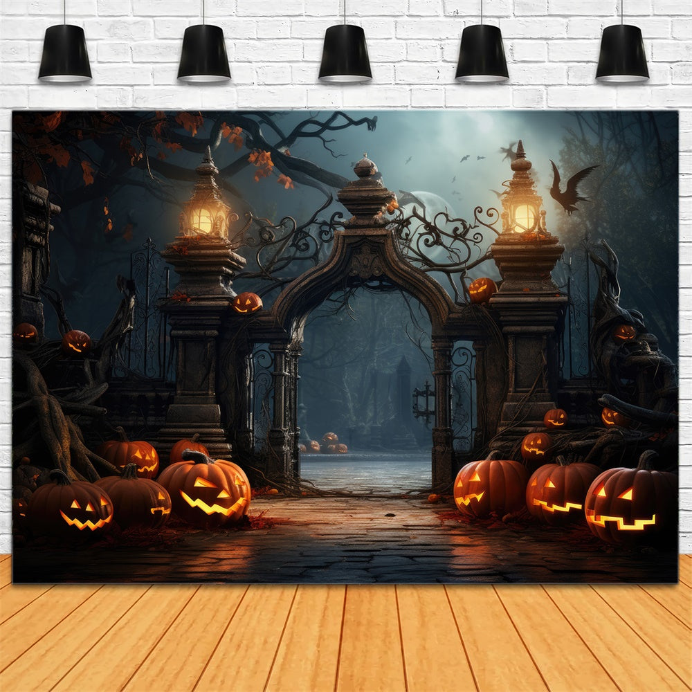 Halloween Scary Cemetery Gate Pumpkins Backdrop UK RR7-402