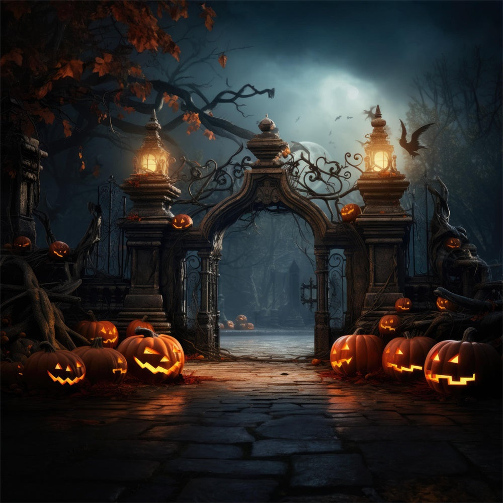 Halloween Scary Cemetery Gate Pumpkins Backdrop UK RR7-402