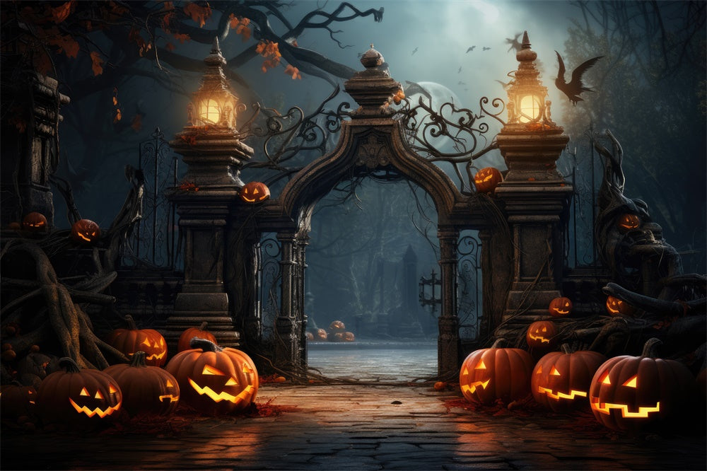 Halloween Scary Cemetery Gate Pumpkins Backdrop UK RR7-402