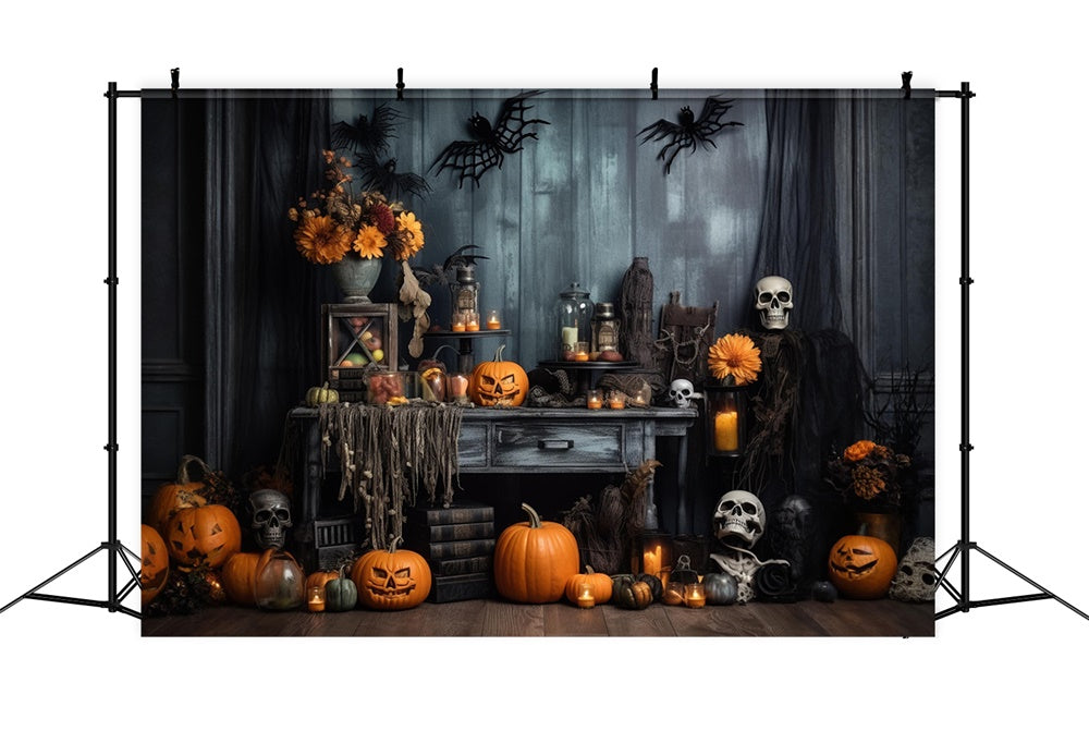 Scary Pumpkins Skeleton Bats Halloween Backdrop UK RR7-404