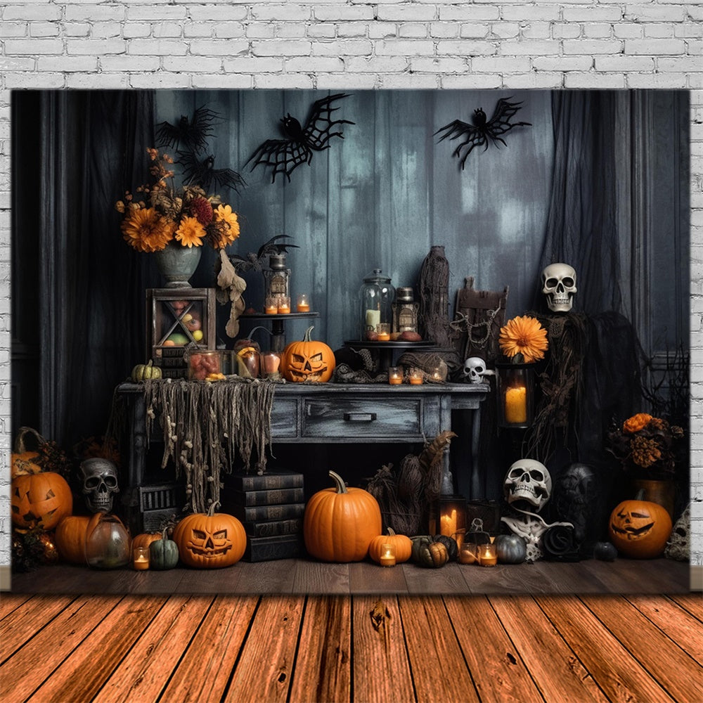 Scary Pumpkins Skeleton Bats Halloween Backdrop UK RR7-404