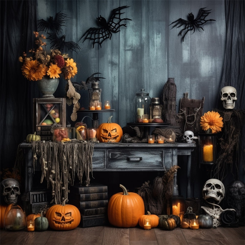 Scary Pumpkins Skeleton Bats Halloween Backdrop UK RR7-404