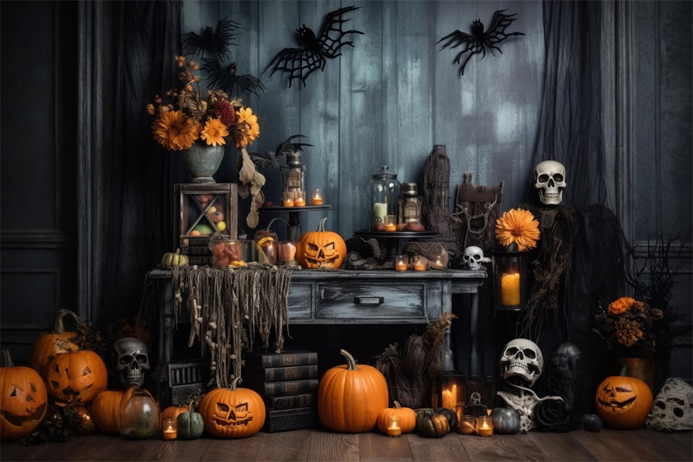 Scary Pumpkins Skeleton Bats Halloween Backdrop UK RR7-404