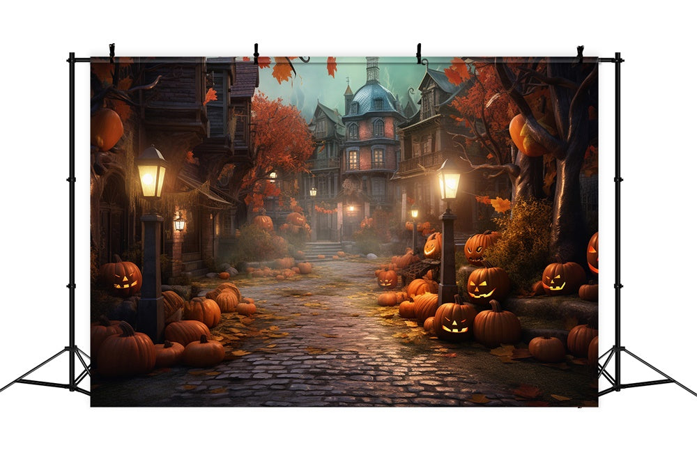 Halloween Night Street House Pumpkins Backdrop UK RR7-405