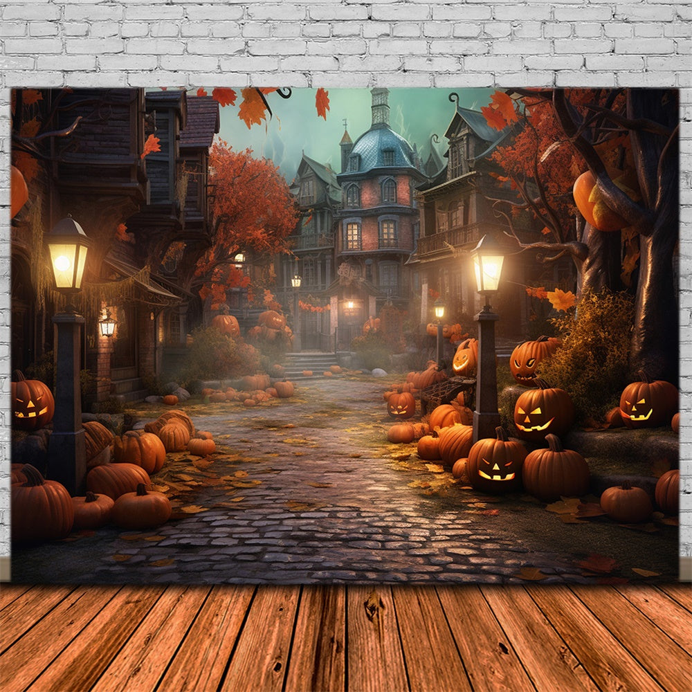 Halloween Night Street House Pumpkins Backdrop UK RR7-405