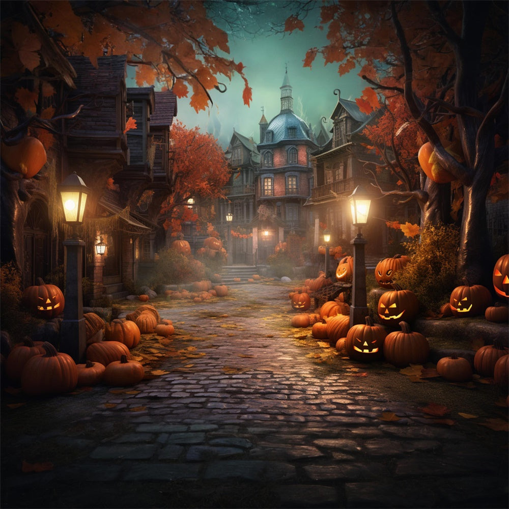 Halloween Night Street House Pumpkins Backdrop UK RR7-405