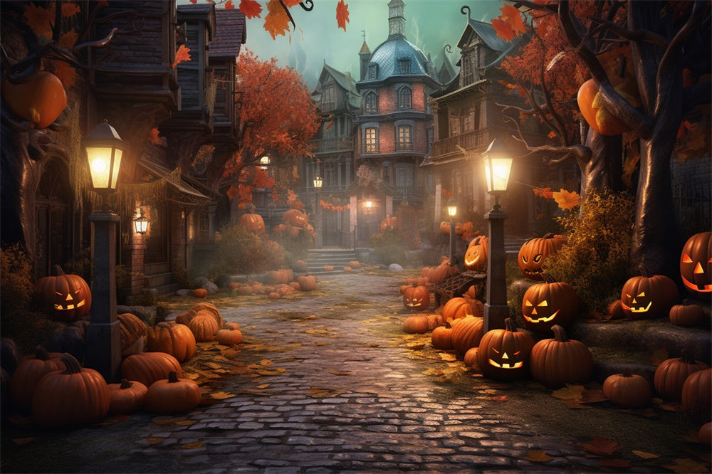 Halloween Night Street House Pumpkins Backdrop UK RR7-405