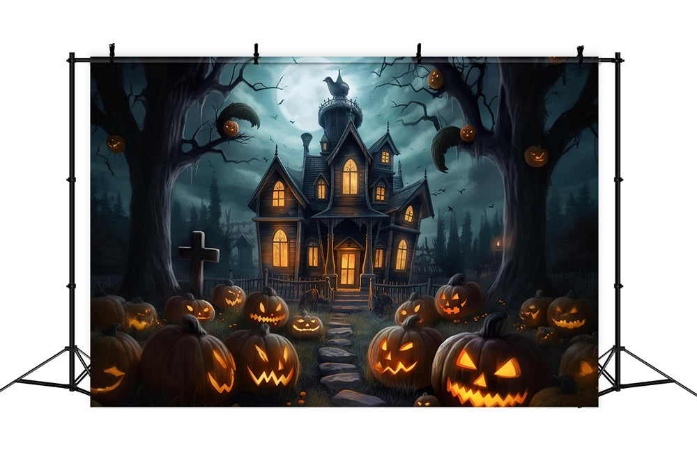 Spooky Pumpkin House Halloween Night Backdrop UK RR7-407