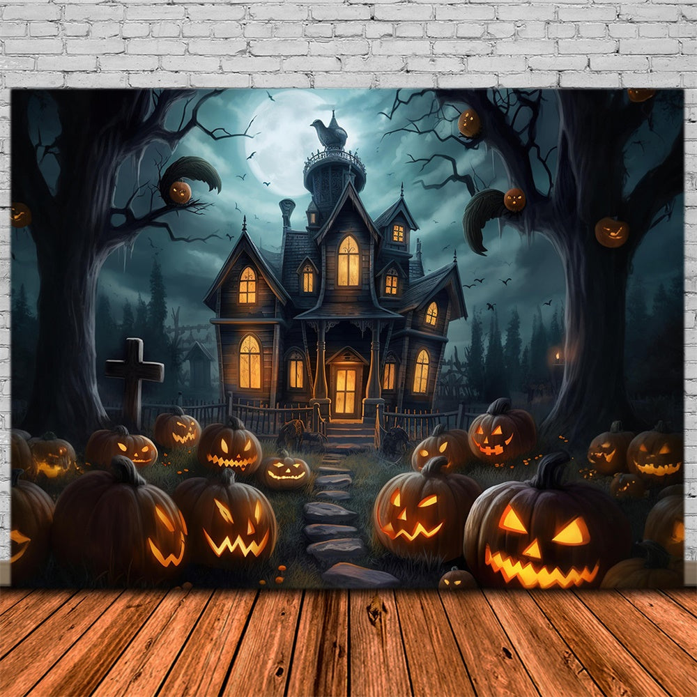 Spooky Pumpkin House Halloween Night Backdrop UK RR7-407