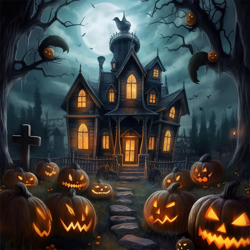 Spooky Pumpkin House Halloween Night Backdrop UK RR7-407