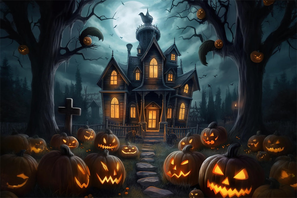 Spooky Pumpkin House Halloween Night Backdrop UK RR7-407