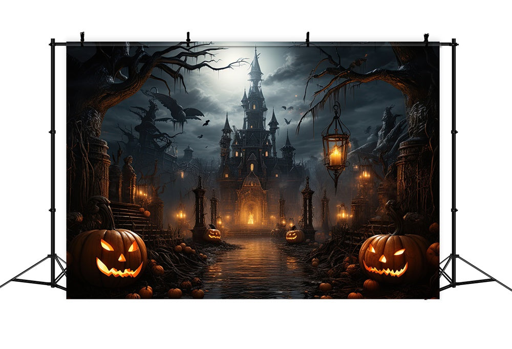 Halloween Scary Castle Bats Pumpkin Backdrop UK RR7-409