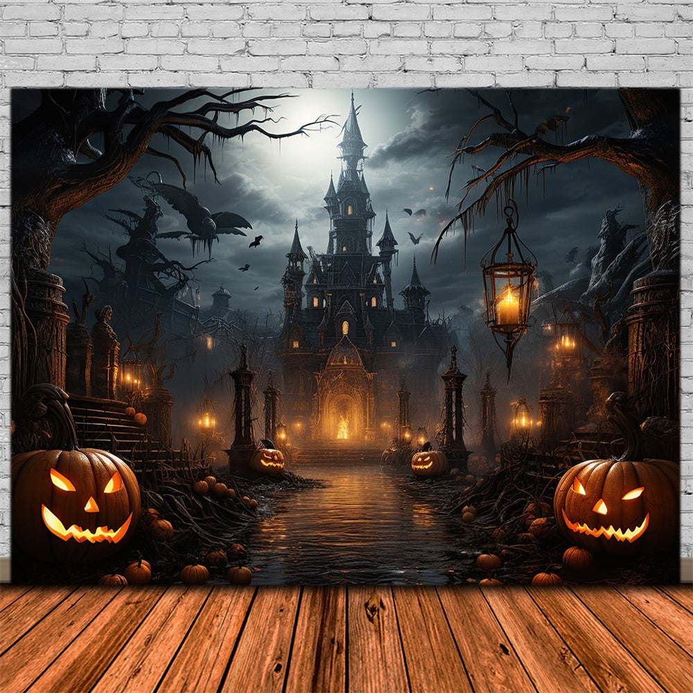 Halloween Scary Castle Bats Pumpkin Backdrop UK RR7-409