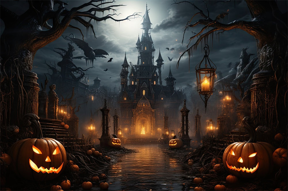 Halloween Scary Castle Bats Pumpkin Backdrop UK RR7-409