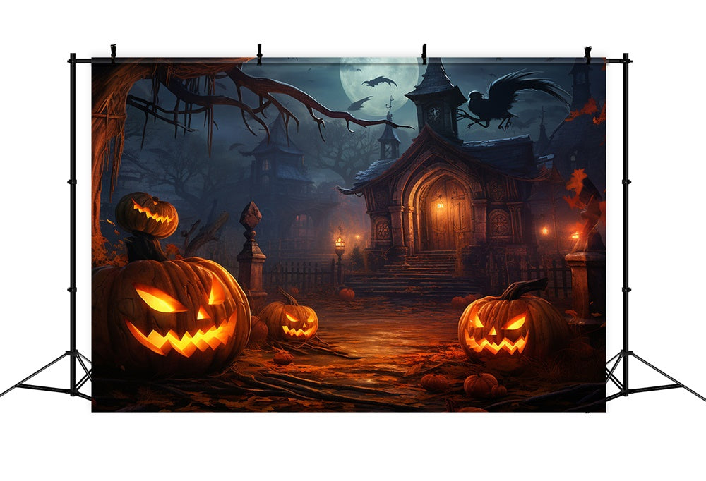 Haunted Night House Pumpkin Lanterns Backdrop UK RR7-414