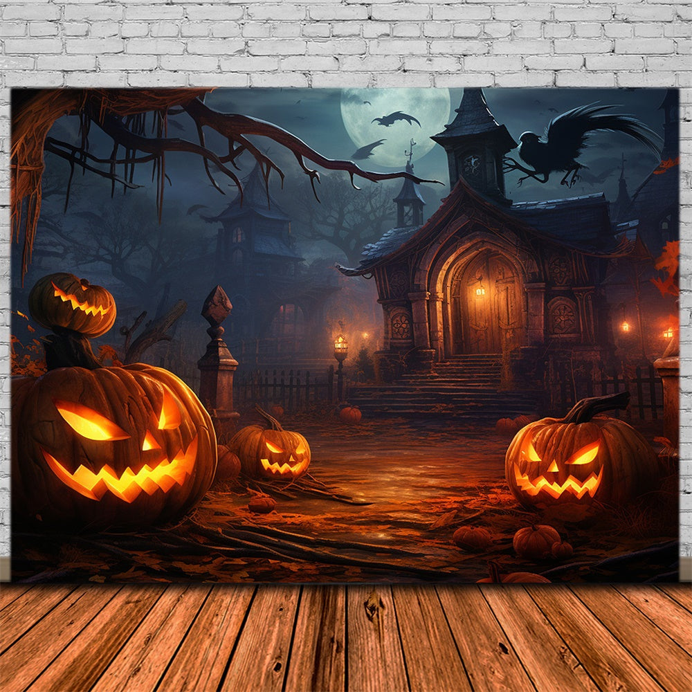 Haunted Night House Pumpkin Lanterns Backdrop UK RR7-414