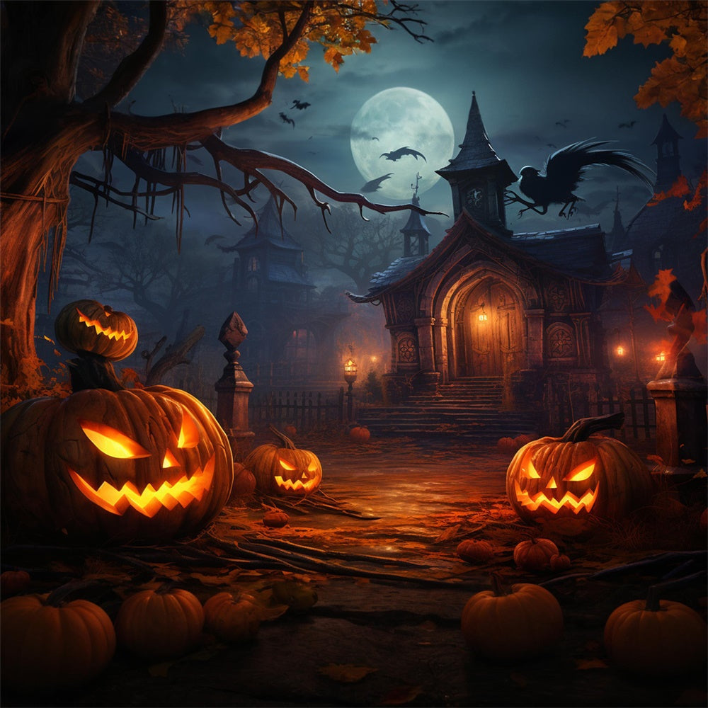 Haunted Night House Pumpkin Lanterns Backdrop UK RR7-414