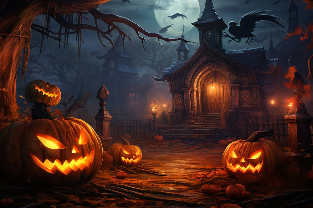 Haunted Night House Pumpkin Lanterns Backdrop UK RR7-414