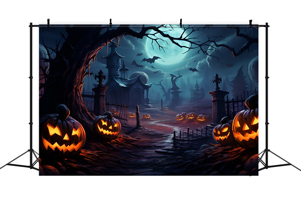 Halloween Scary Graveyard Pumpkin Bats Backdrop UK RR7-415