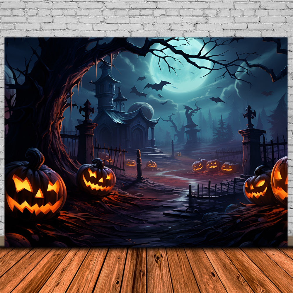 Halloween Scary Graveyard Pumpkin Bats Backdrop UK RR7-415