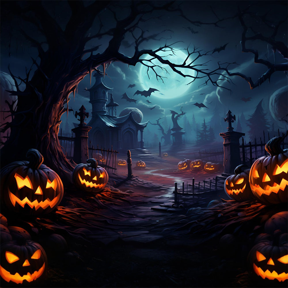 Halloween Scary Graveyard Pumpkin Bats Backdrop UK RR7-415