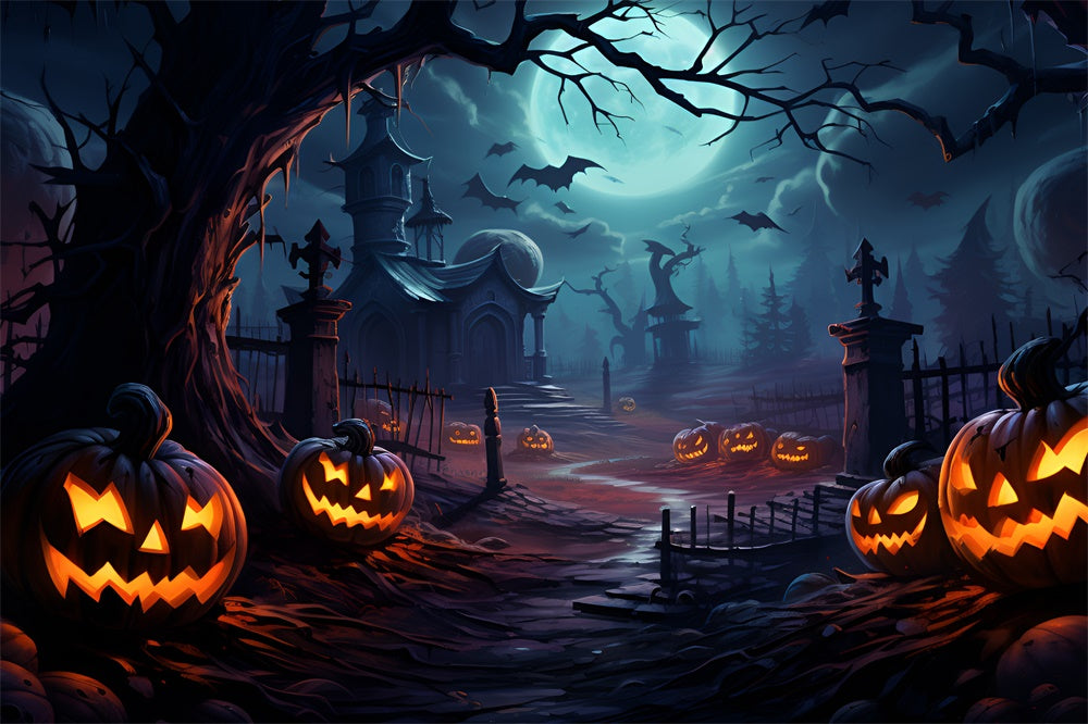 Halloween Scary Graveyard Pumpkin Bats Backdrop UK RR7-415