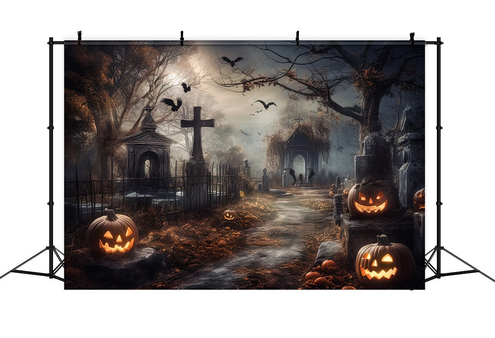 Halloween Horror Graveyard Pumpkins Backdrop UK RR7-418