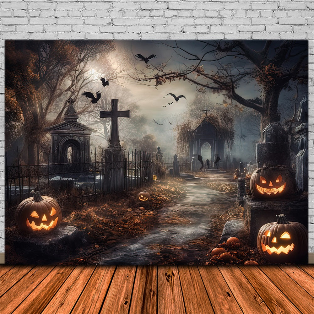 Halloween Horror Graveyard Pumpkins Backdrop UK RR7-418