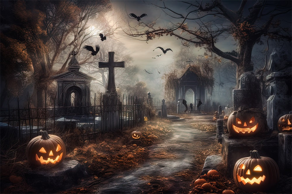 Halloween Horror Graveyard Pumpkins Backdrop UK RR7-418